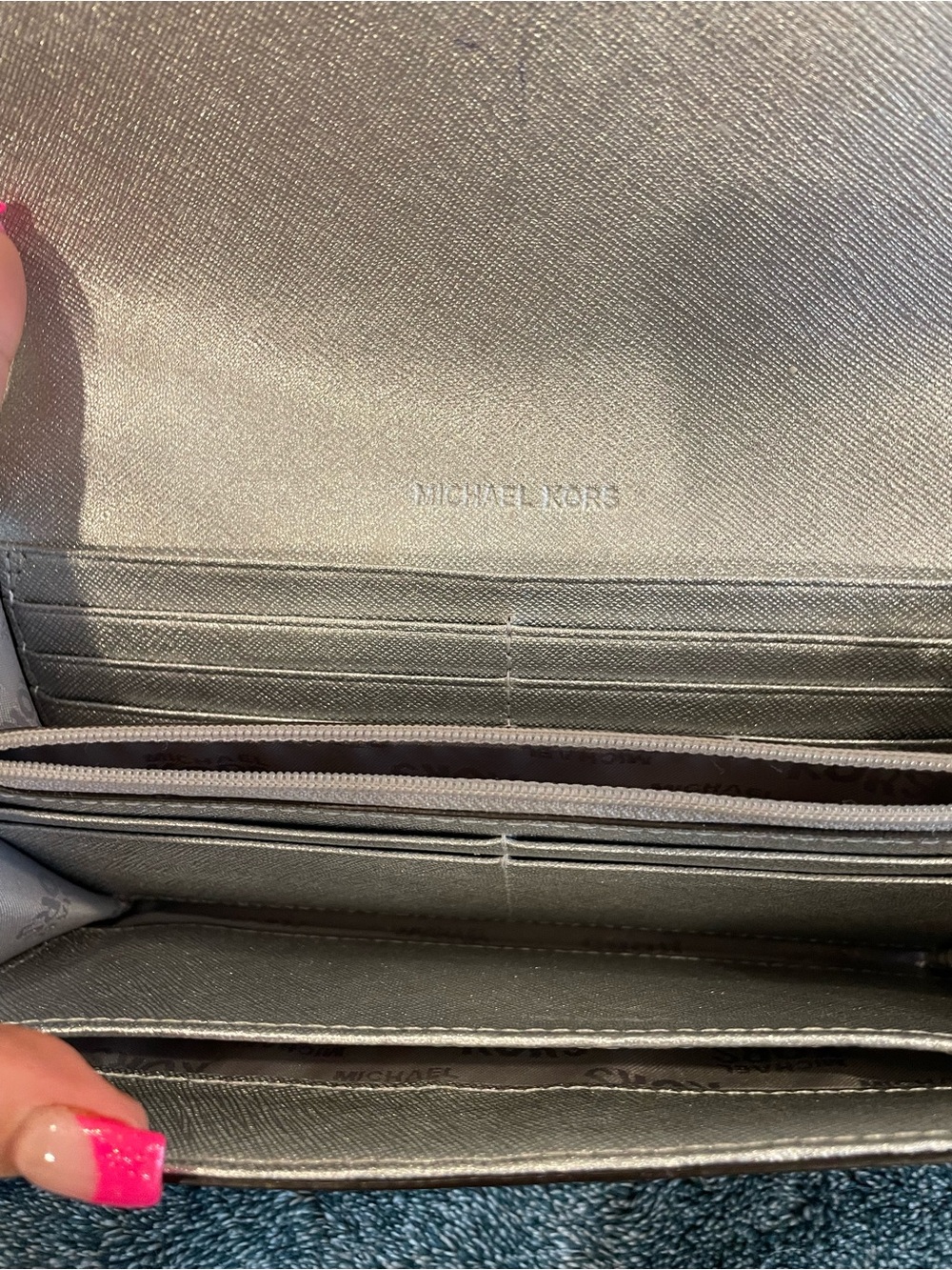 Michael Kors Blue and silver Floral Tote w and Silver Wallet - Picture 6 of 8
